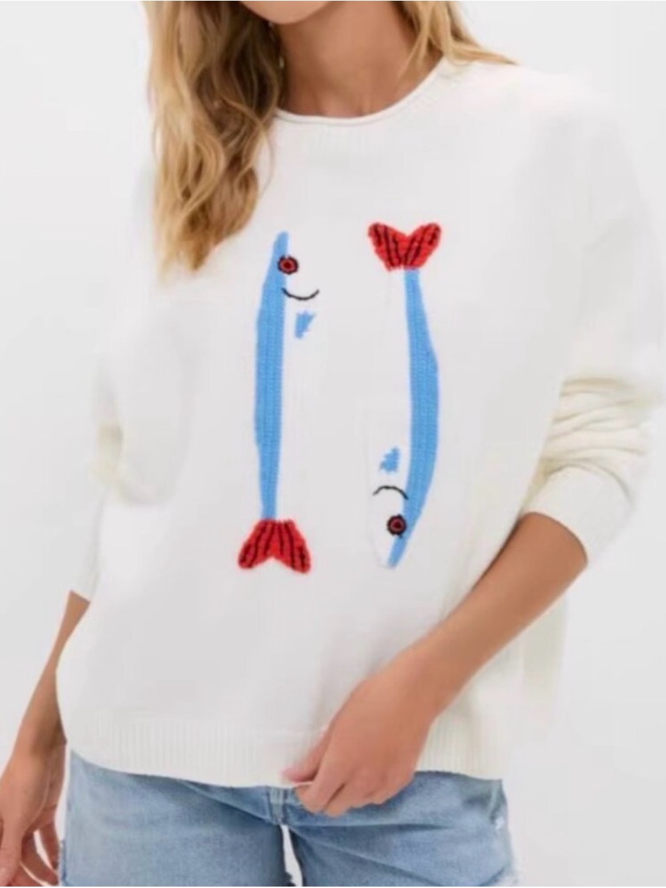 Nwt Xl Staud White Knit Crewneck Sweater With Red & Blue Accent
